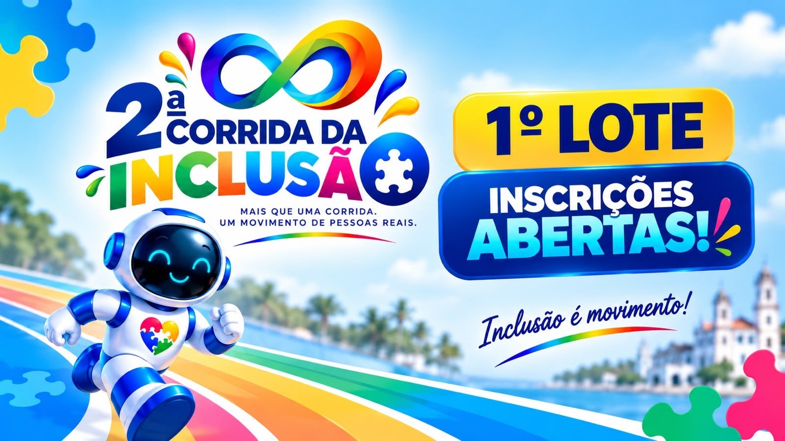 2ª Corrida da Inclusão, mais que uma corrida, um movimento de pessoas reais. Mascote astronauta correndo numa pista colorida na orla de Madre de Deus