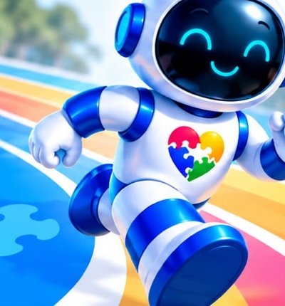 Mascote Astronauta da Corrida da Inclusão, correndo com um coração de quebra-cabeça colorido no peito