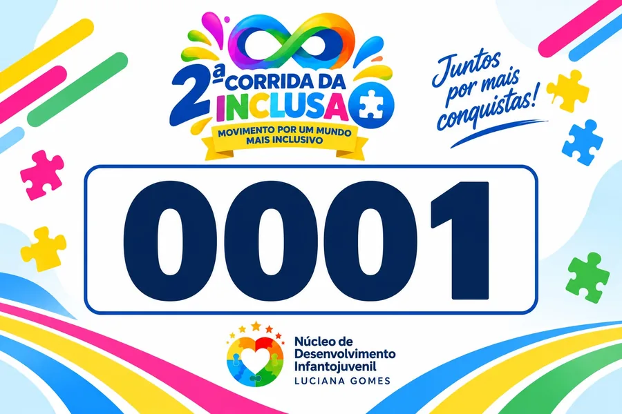 Número de peito oficial da 2ª Corrida da Inclusão, com o número 0001, peças de quebra-cabeça coloridas e a marca do Núcleo de Desenvolvimento Infantojuvenil Luciana Gomes