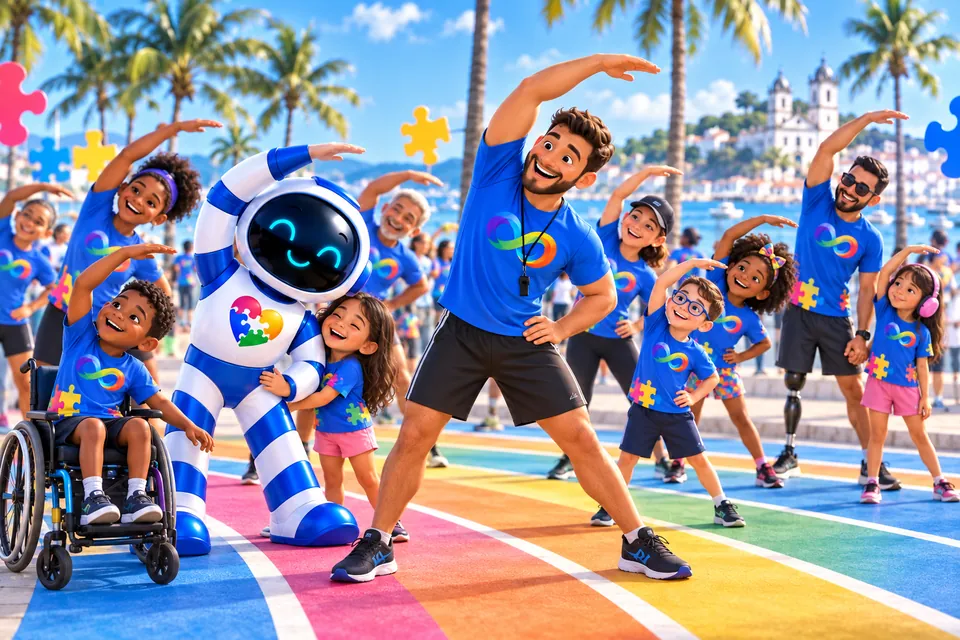 Educador físico conduz o alongamento de crianças e adultos, incluindo uma criança em cadeira de rodas, com o mascote Astronauta se alongando junto