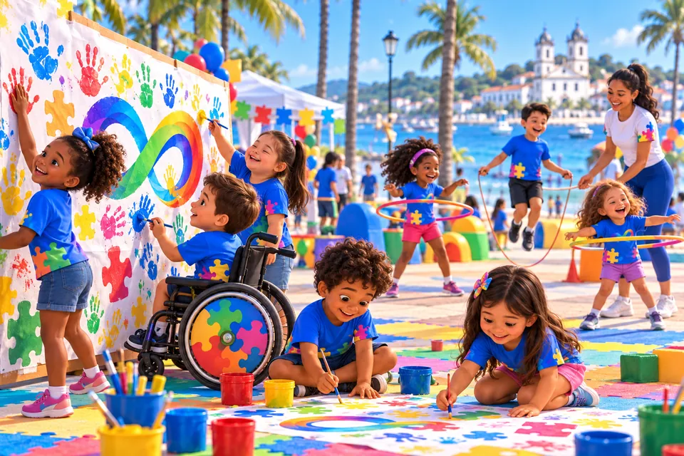 Crianças pintando um painel com mãos coloridas e o símbolo do infinito em arco-íris, uma delas em cadeira de rodas, enquanto outras brincam de bambolê e pular corda na orla